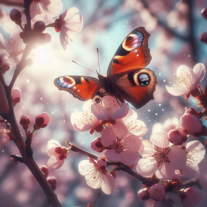 Fleurs de cerisiers et papillon