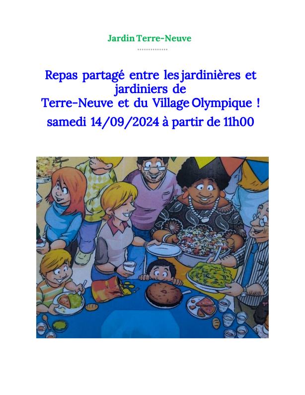 Repas partagé entre les jardinières et jardiniers de Terre-Neuve et du Village Olympique ! Samedi 14/09/2024 à partir de 11h00.