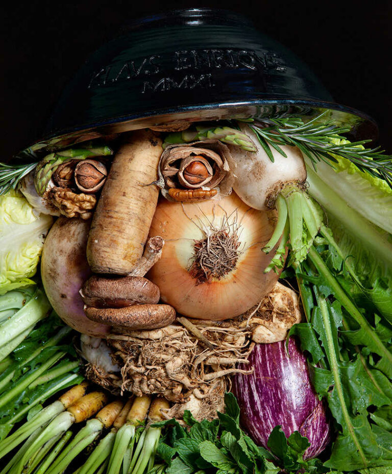 Composition de légumes formant un portrait à la manière du peintre ARCIMBOLDO.